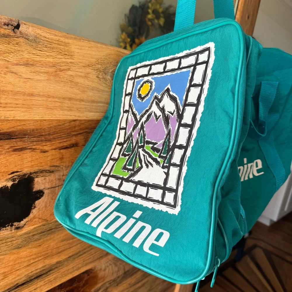 Vintage Alpine Duffel Bag–Teal Canvas Gym/Travel Bag with Retro Mountain Graphic